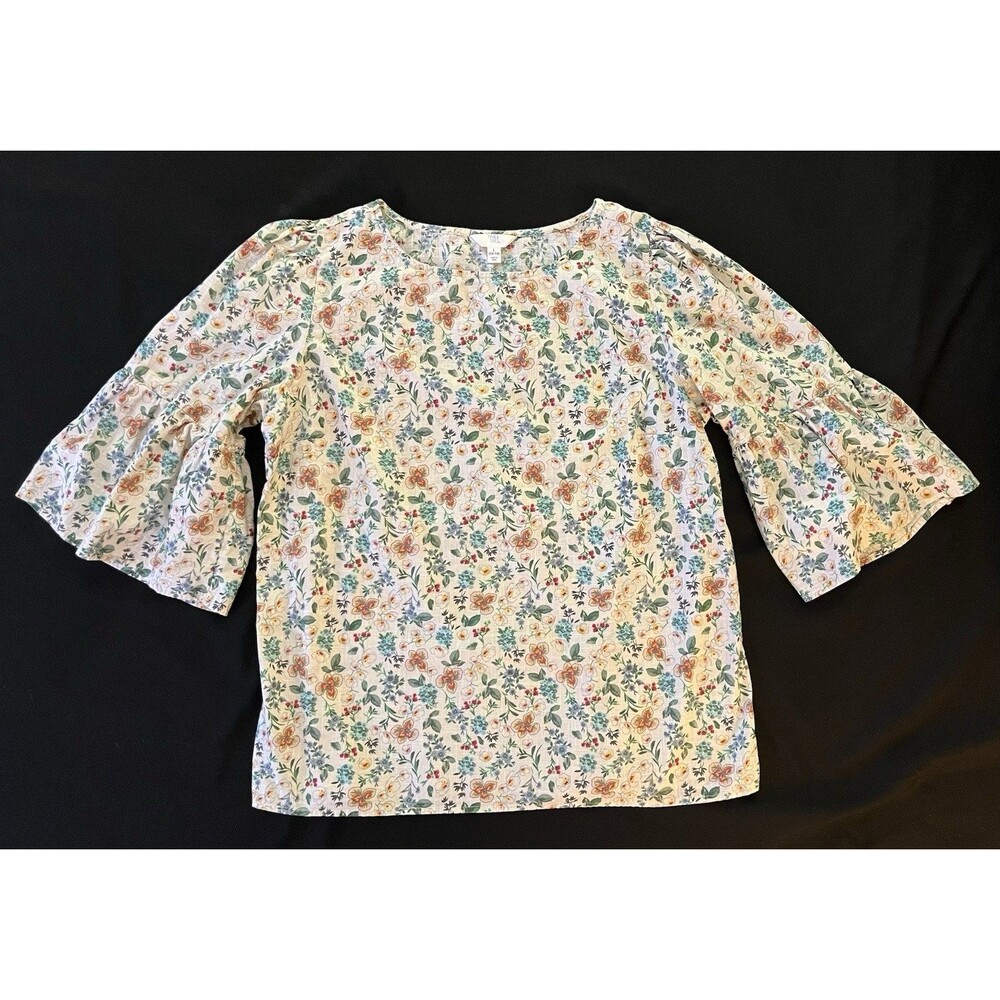 Time And Tru Floral Blouse L 12/14 Multi Color Boho Ruffle Tiered Sleeve Top